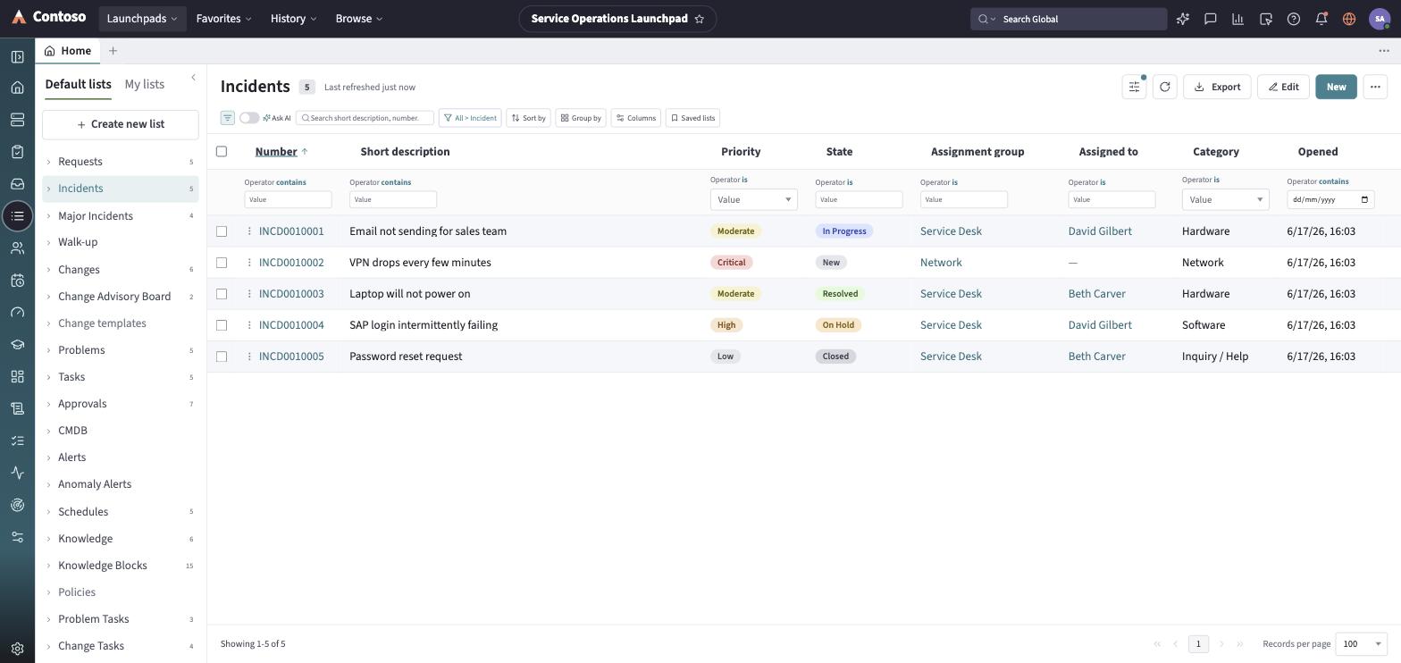 A record list with a filter, sort, and column toolbar