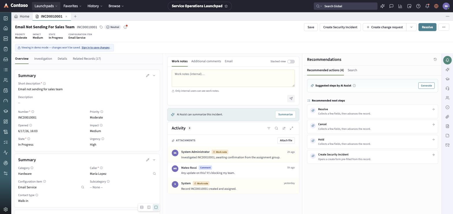 A record page with its header CTAs, key fields, and activity stream